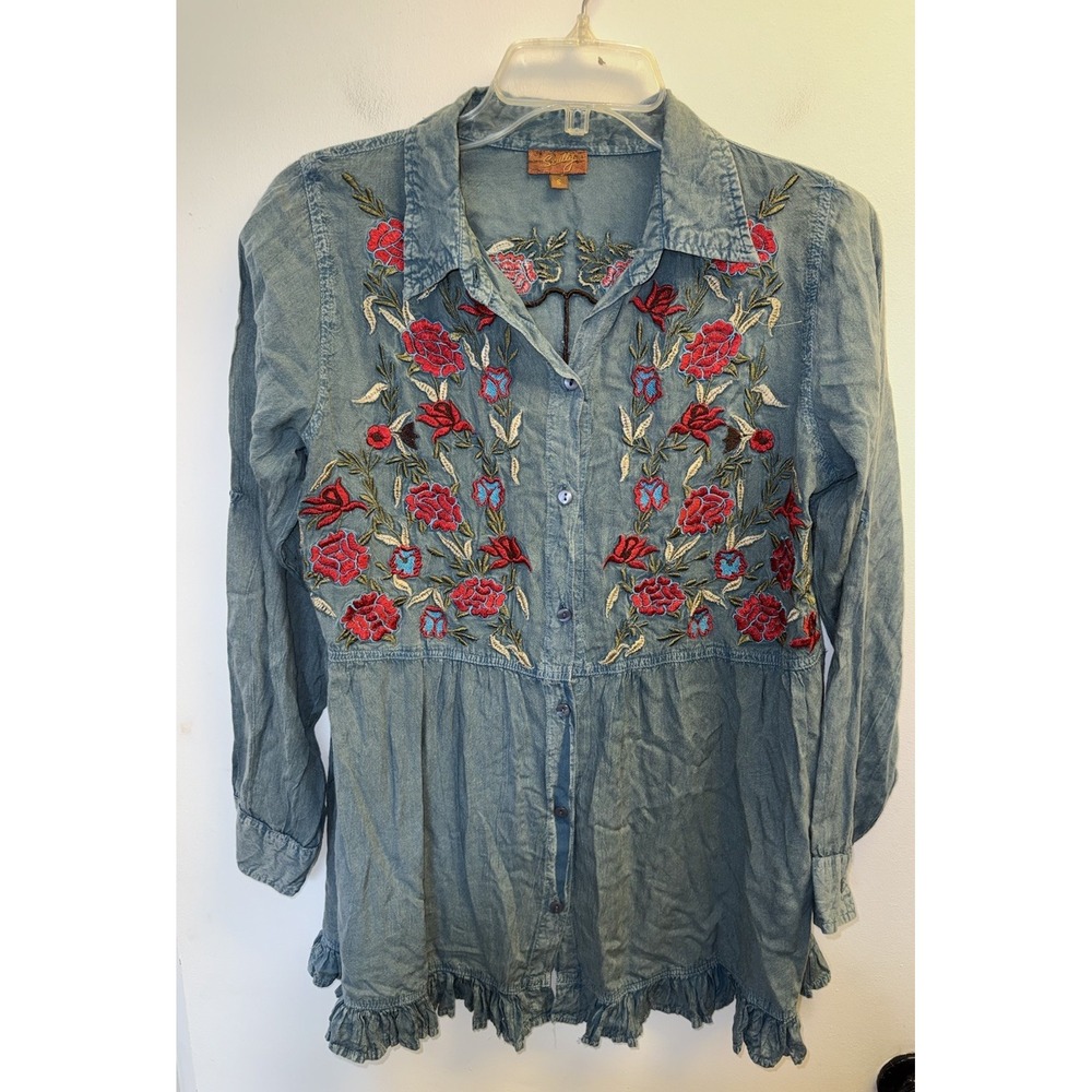Scully Chambray Embroidered Button Down Top Small Floral Skull Cowgirl Western